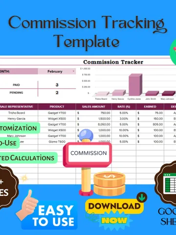 Commission Tracking Template, Editable Sales Log, Sales Earnings Tracker, Google Sheets Commission Report $8.26