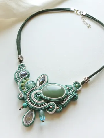 Green Statement Necklace, Aventurine stone, Soutache necklace