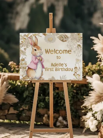 Editable and Printable Welcome Board Banner for 1st Baby Birthday party in Peter Rabbit style instant download and unlimited access pr777 $11.62