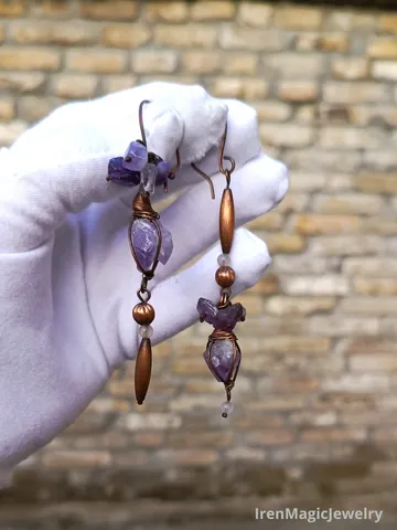 Asymmetrical Tribal Earrings – Copper & Amethyst Crystals $74.00
