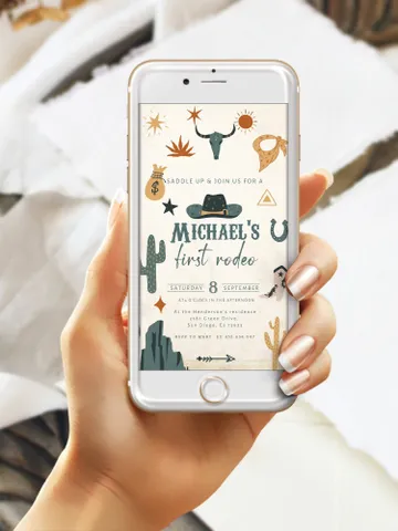 First Rodeo Birthday Invitation; Southwest Birthday invite; Ranch Birthday Smartphone Invitation; DIY Cowboy Birthday Digital Invitation $12.78
