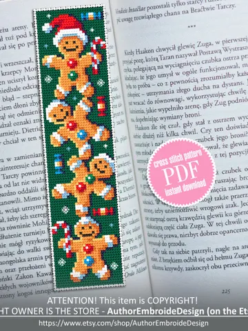 Christmas bookmark cross stitch pattern download PDF Gingerbread man cross stitch chart, Winter holiday embroidery PDF, Book lover gift #B84 $4.40