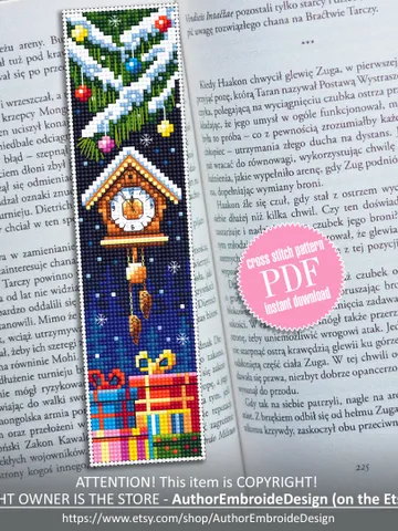 Christmas bookmark cross stitch pattern PDF Handmade bookmark Cuckoo clock xstitch chart Winter holiday cross stitch gift New Year #B42 $4.40