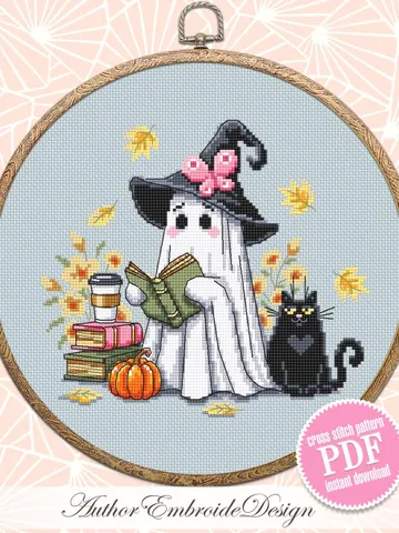 Cute ghost cross stitch pattern PDF download Ghost witch cross stitch chart, Halloween pattern digital PDF, Ghost reading, Black cat #H85 $4.40
