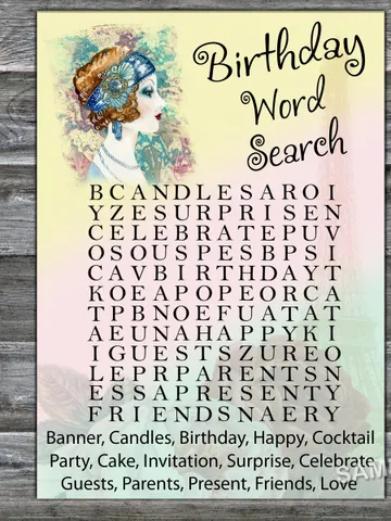 Vintage themed Birthday Word Search Game,Adult Birthday party game-fun games for her-Instant download $1.75