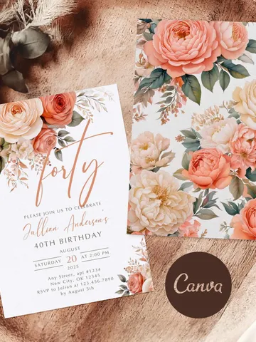 40th Birthday Invitation, Birthday Party Invitations for Women, Forty Floral Birthday Invite for Her, Canva Editable Template, Digital File $7.00