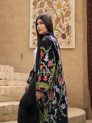 Silk embroidered boho coat by order