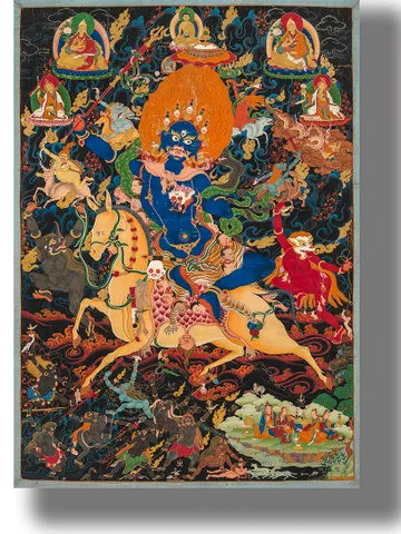 Hindu goddess of death Kali riding a horse surrounded by a host of deities. $21.00