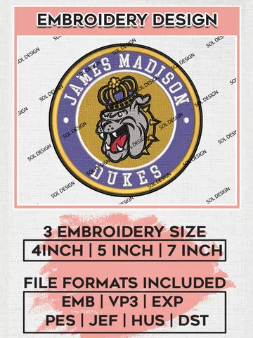 NCAA James Madison Dukes Round Logo Embroidery, NCAA James Madison Dukes Logo Embroidery files, NCAA Teams, Machine embroidery designs, Digital Download $6.99