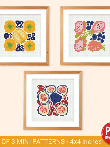 Bundle of 3 mini contemporary Fruit Cross stitch patterns Abstract Food Cozy Style beginner counted modern chart DIY embroidery instant PDF $7.11