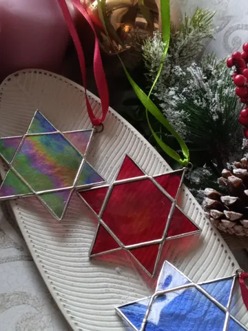 Set of 3 merkaba Red blue snowflake suncatcher, new year tree toy,  seals of Solomon star car hanger