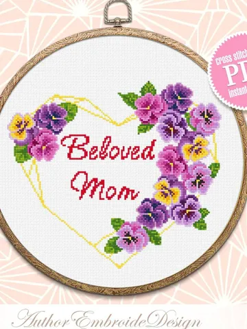 Floral heart frame cross stitch pattern PDF download Beloved Mom cross stitch chart, Violets flowers cross stitch, DIY gift for mother #Q28 $4.20