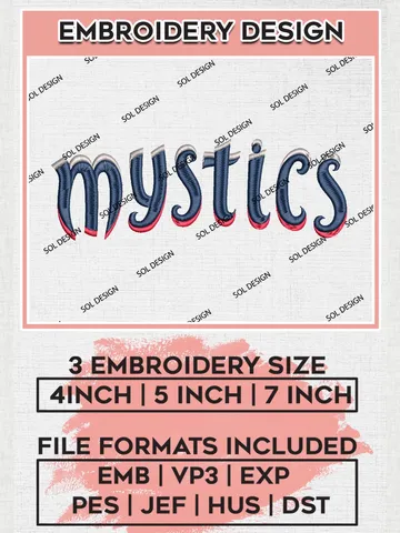 WNBA Mystics WordMark Logo Embroidery Files, WNBA Washington Mystics Team Embroidery Designs, Basketball Teams, 3 sizes, WNBA Machine embroidery designs, Digital Download $6.99