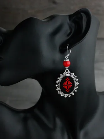 Ukrainian red coral earrings dangle Black red earrings geometric Long ethnic earrings Ukrainian slavic jewelry gift for her