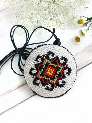 Textile long boho necklace pendant for women Colorful ethnic fabric necklace Black yellow linen textile jewelry Mexican pendant with cord