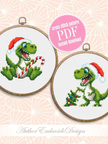 Funny dinosaur christmas cross stitch pattern PDF download, Set of 2 small dinosaur cross stitch chart, Cute dino pattern digital PDF #N113 $5.50