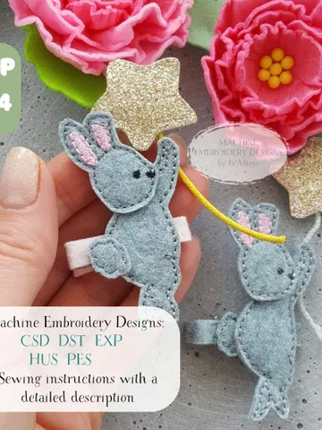 ITH Bunny Star Wand Hair Clip Design & PDF Tutorial, Felt Rabbit Hair Bow Pattern, DIY 4x4 Hoop Project File $5.00