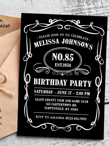 85th Birthday Invitation for Men, Vintage Whiskey Themed Birthday Invitation, Birthday Party Invite, Liquor Themed Birthday Invitation $7.00
