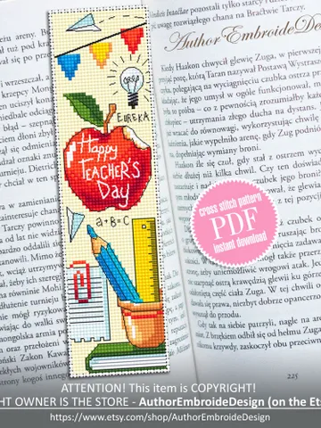 Teacher bookmark cross stitch pattern PDF download Happy teachers day, Handmade bookmark pattern digital PDF, Teachers day gift School #B350 $4.40