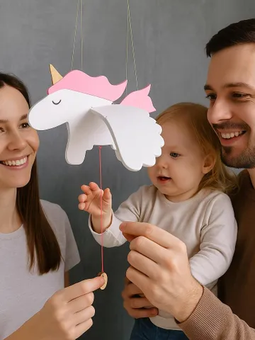 Handmade Wooden Unicorn Mobile – Flying Pink Unicorn Toy for Nursery or Kids Room, Eco-Friendly Decor, Cute Gift for Girls or Babies