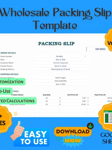 Wholesale Packing Slip Template, Printable Shipping Invoice, Order Packing List, Google Sheets for Bulk Orders $6.90