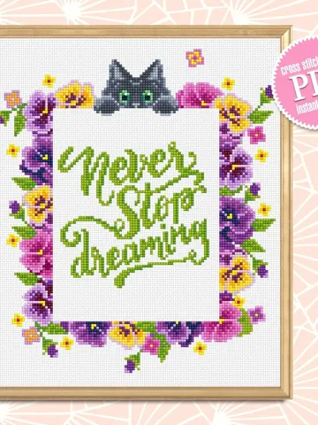 Floral frame cross stitch pattern PDF download Never stop dreaming quotes cross stitch chart, Flower border pattern digital PDF Pansy #Q18 $4.50
