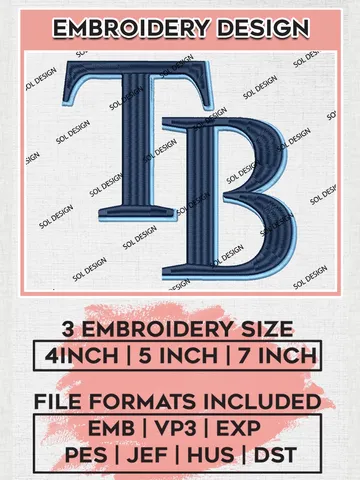 Tampa Bay Rays Machine Embroidery Déign Files, MLB Tampa Bay Rays Team Embroidery, MLB Teams, 3 sizes, MLB Machine embroidery designs, Digital Download $6.99