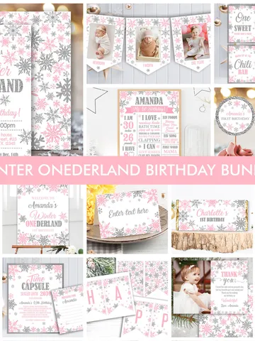 Winter Onederland Birthday Girl Decorations, Winter Onederland Birthday Party Package Bundle, Pink Silver Snowflakes Editable Template $40.00