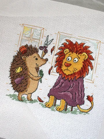 Cross Stitch Pattern PDF Haircut – Cute Hedgehog Trimming a Lion $5.50