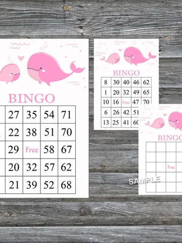 Pink whale bingo cards,Whale bingo game,Whale printable bingo cards,60 Bingo Cards,INSTANT DOWNLOAD--204 $3.95