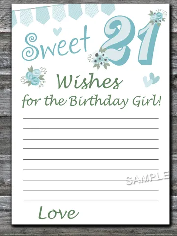Sweet 21st Wishes for the birthday girl,Adult Birthday party game printable-fun games for her-Instant download $1.50