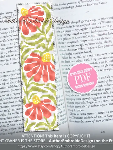 Abstract flowers bookmark cross stitch pattern PDF download Boho flowers cross stitch chart, Modern bookmark pattern digital PDF #B305 $4.40