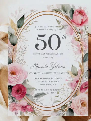 50th Birthday Invitation for Women – Blush Pink & Gold Floral, Elegant Printable Party Invite for Women or Mother, Digital Canva Template $7.00