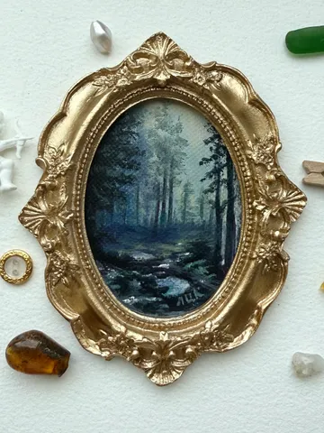 Enchanted Forest Landscape Oil Painting Original In Vintage Style Frame Small Framed Oval Painting Art $82.00