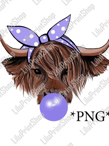 Highland cow png sublimation Cow purple bubble gum with bandana Cute heifer clipart for shirt, invitation Digital instant download $4.27