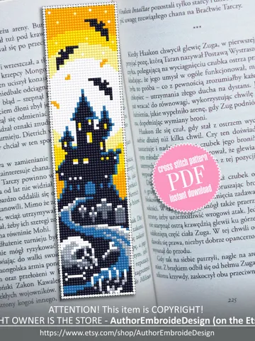 Halloween bookmark cross stitch pattern PDF download Spooky Haunted house cross stitch chart, Handmade bookmark pattern digital PDF #B43 $4.40