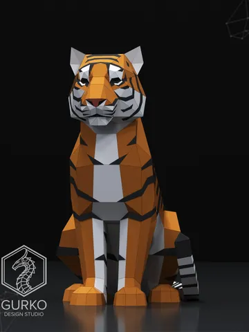 Sitting Tiger Papercraft, Cat, Digital Template, PDF Download, Gurko, 3D Low Poly, Pepakura, DIY Origami Sculpture, Paper Party Decoration $28.00