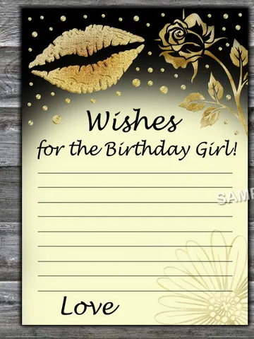 Gold Glitter Lips Wishes for the birthday girl,Adult Birthday party game-fun games for her-Instant download $1.75
