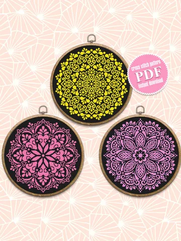 Mandala set cross stitch pattern download PDF, Floral ornament cross stitch chart, Mandala pattern digital, Easy monochrome embroidery #S44 $11.20