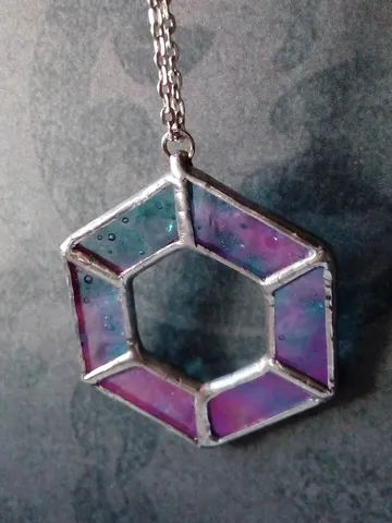 Iridescent stained glass geometric pendant, stainglass Hexagon dichroic necklace, Sacred geometry $35.00