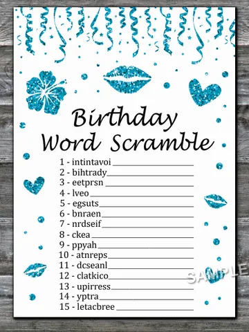 Blue glitter Birthday Word Scramble Game,Adult Birthday party game-fun games for her-Instant download $1.75