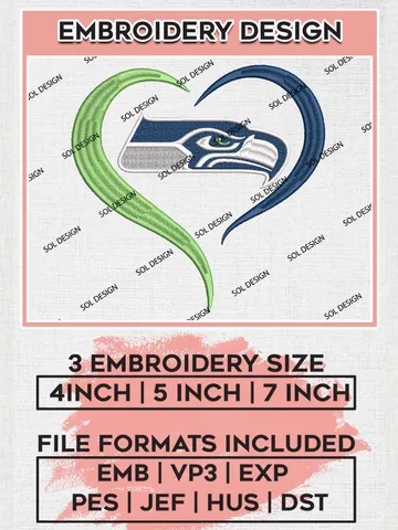 Seattle Seahawks Heart Embroidery Designs, NFL Seahawks Embroidery Designs, NFL Embroidery Designs, NFL Seattle Seahawks Machine Embroidery Design, Digital Download $6.99