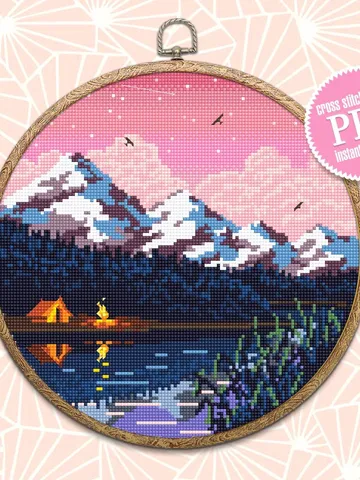 Nature cross stitch pattern download PDF Night sky xstitch chart Mountain landscape cross stitch Tent camping cross stitch Home decor #L3 $4.60