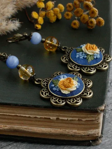 Ukraine blue yellow earrings dangle Yellow floral earrings Flower rose earrings Long citrine earrings wedding victorian jewelry royalcore $45.00