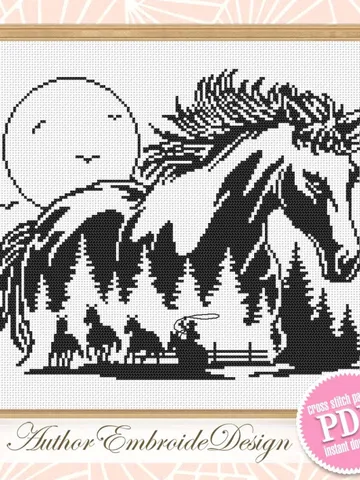 Horse cross stitch pattern PDF download Horse silhouette cross stitch chart, Monochrome nature pattern digital, Gift for horse lover #L84 $4.40
