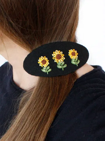 Large Ukrainian sunflower hair barrette for women Boho black yellow french barrette for thick hair Floral oval Cottagecore hair accessories $38.00
