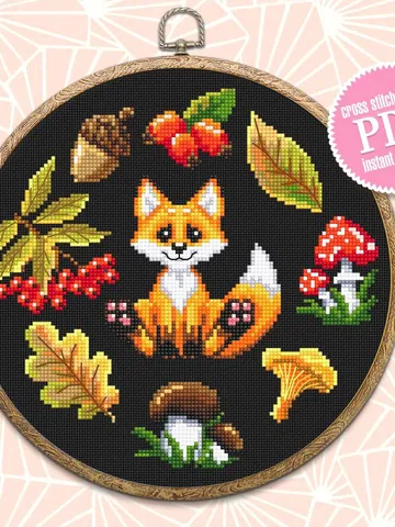 Cross stitch pattern cute little fox DMC chart printable PDF instant download Mushroom cross stitch Autumn embroidery beginners #K8 $4.50