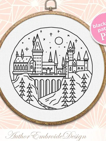 Wizard school blackwork pattern PDF Magic castle cross stitch, Fantasy Wizarding world hand embroidery PDF download, Backstitch chart #W13 $4.50