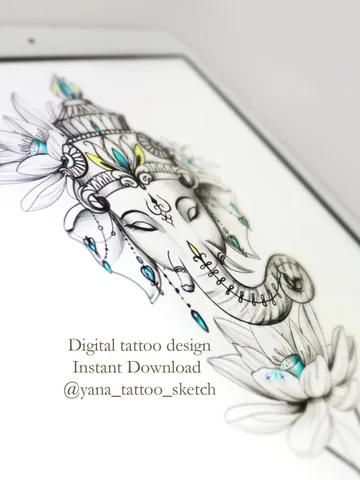 Ganesha Tattoo Sketch Elephant Ganesha Tattoo Design Lotus Tattoo Designs For Woman, Instant download PDF and JPG $11.00