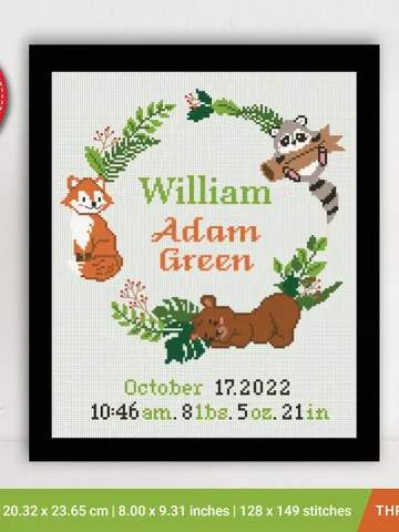 Zoo Animals Birth announcement cross stitch pattern, baby, personalized, boy girl nursery decor, counted, gift DIY, embroidery, instant PDF $6.80